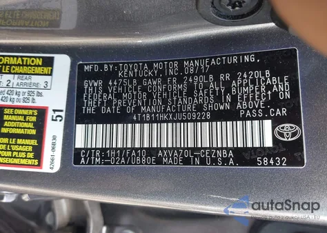 2018 Toyota Camry Le из США, поврежденный, VIN 4T1B11HKXJU509228